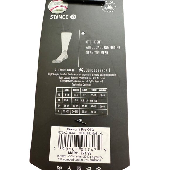 Stance MLB diamond pro Authentic Collection Over-The-Calf Red Baseball Socks XL - Picture 9 of 11
